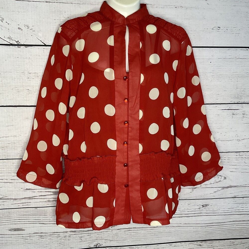 MG Originals Red Polka Dot Chiffon Blouse Smocked Waist Keyhole Mock Neck Medium